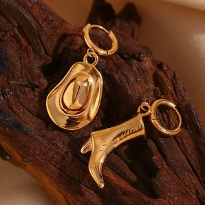 Vintage asymmetrical hat boots gold-plated earrings.