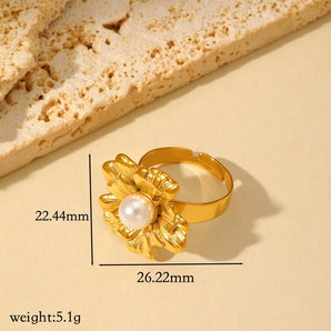 Solid Color Flower Pearl Gold Adjustable Ring