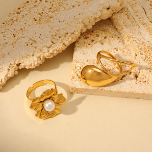 Solid Color Flower Pearl Gold Adjustable Ring